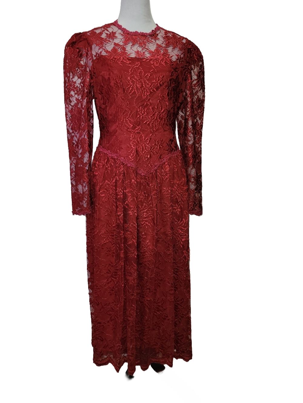 Vintage 80s Courtenay Red Lace Midi Dress Romantic Goth Long Sleeve Size 10